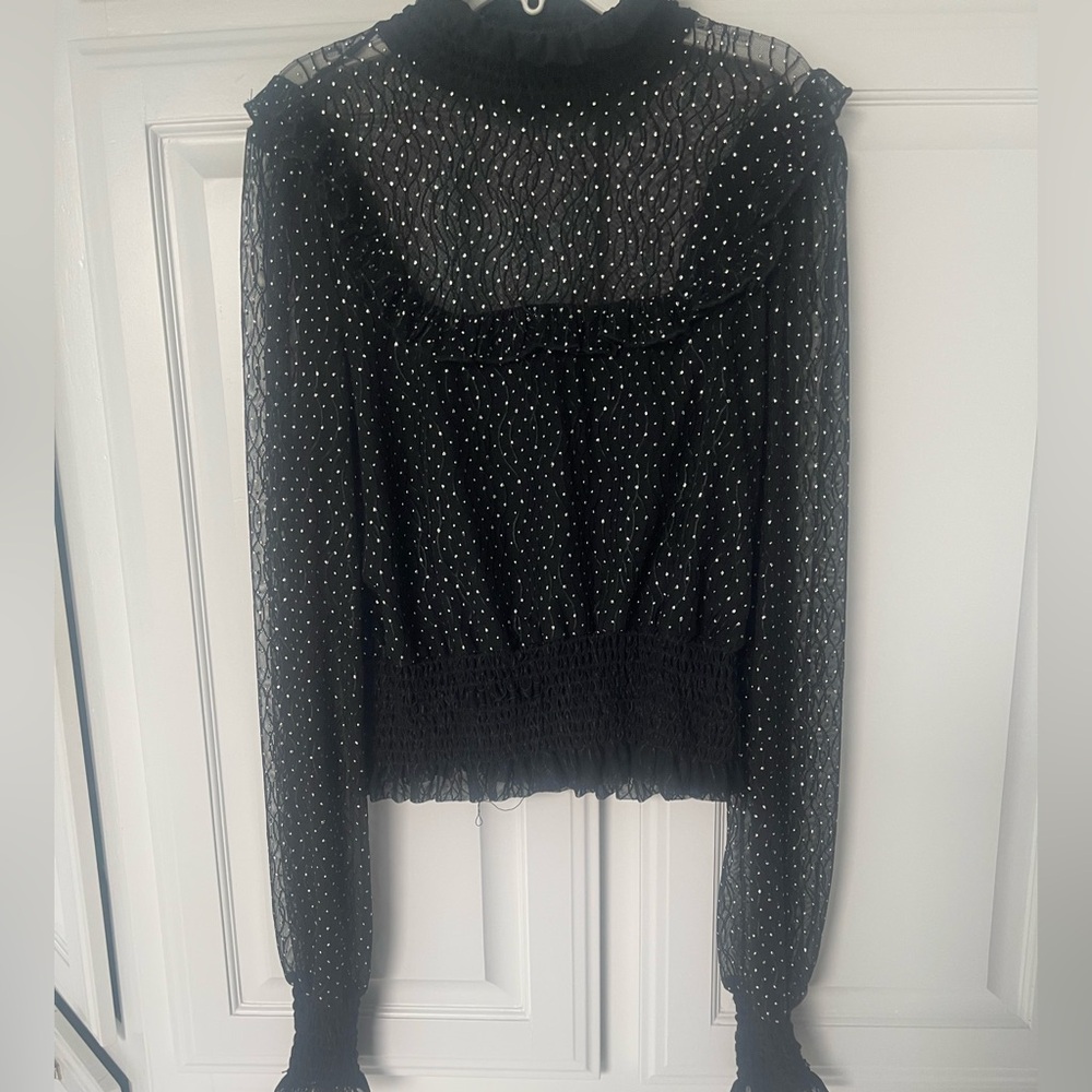 Lea and Viola Black Sheer Polka Dot smocked Top size M
